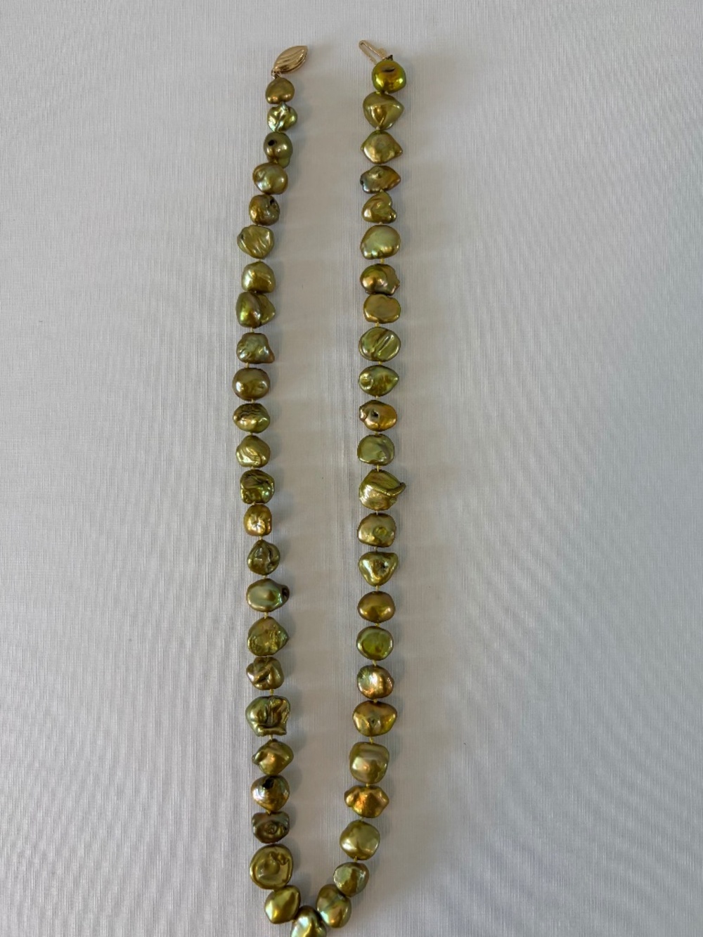Vintage Freshwater Baroque Pearl Necklace Golden Green Knotted 14K Gold Clasp